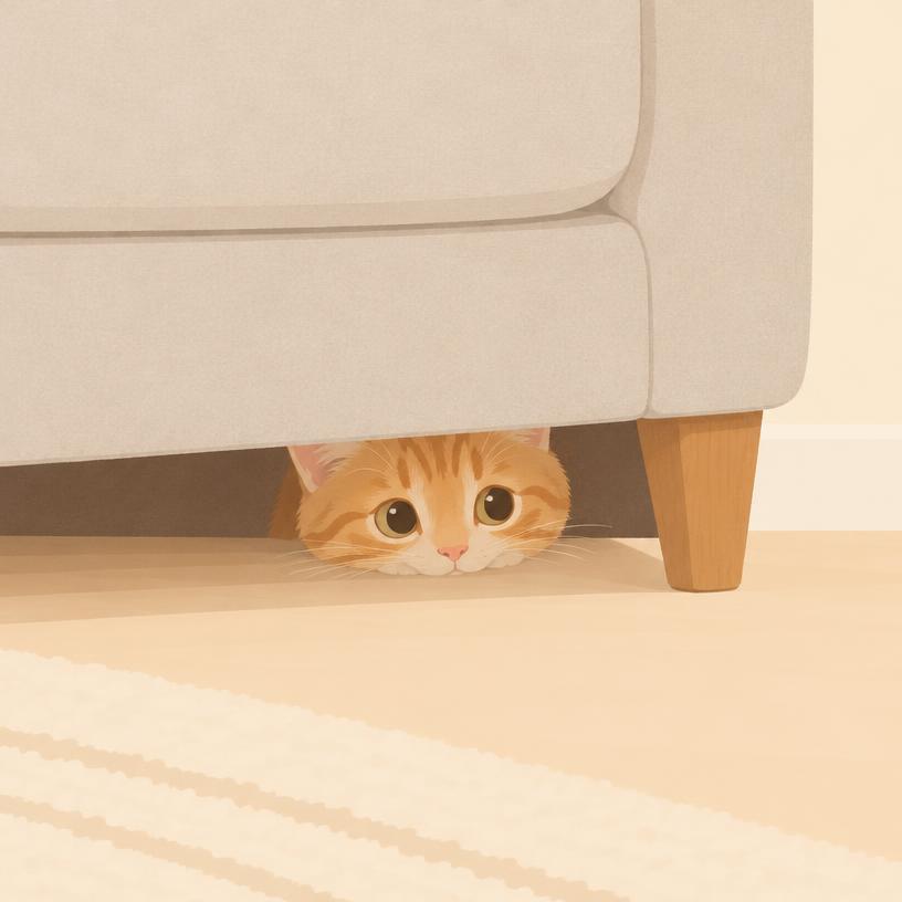 Milo peeking out from under the sofa